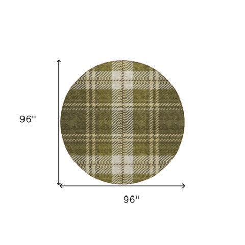 Homeroots 3' Stylish Artichoke Green Brown Ivory Plaid Washable Area Rug For Indoor Outdoor Spaces 8' Round Polyester 596353
