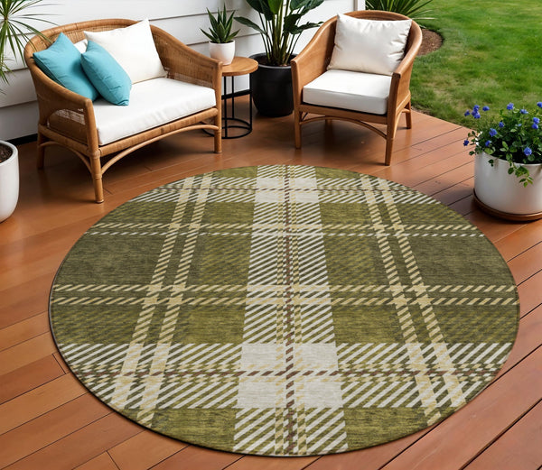 Homeroots 3' Stylish Artichoke Green Brown Ivory Plaid Washable Area Rug For Indoor Outdoor Spaces 8' Round Polyester 596353