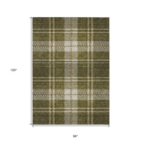 Homeroots 3' Stylish Artichoke Green Brown Ivory Plaid Washable Area Rug For Indoor Outdoor Spaces 8' X 10' Polyester 596354
