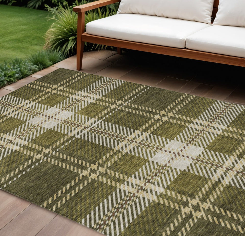 HomeRoots 5' Olive Green Gold and Brown Plaid Indoor Outdoor Area Rug - Durable, Washable, Timeless Style 8' X 10' 596354
