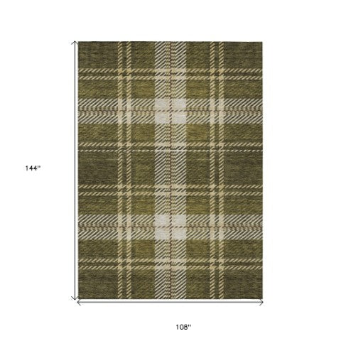 Homeroots 3' Stylish Artichoke Green Brown Ivory Plaid Washable Area Rug For Indoor Outdoor Spaces 9' X 12' Polyester 596355