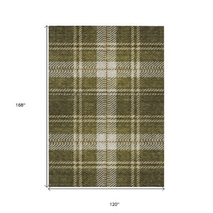 Homeroots 3' Stylish Artichoke Green Brown Ivory Plaid Washable Area Rug For Indoor Outdoor Spaces 10' X 14' Polyester 596356