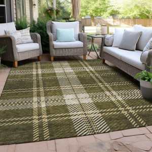 Homeroots 3' Stylish Artichoke Green Brown Ivory Plaid Washable Area Rug For Indoor Outdoor Spaces 10' X 14' Polyester 596356