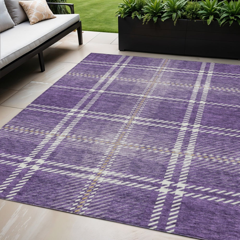 HomeRoots 5' Stylish Plaid Area Rug in Purple, Gold & Ivory - Durable, Washable for Indoor & Outdoor Use 5' X 8' 596358