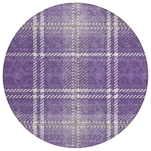 HomeRoots 5' Stylish Plaid Area Rug in Purple, Gold & Ivory - Durable, Washable for Indoor & Outdoor Use 8' Round 596359