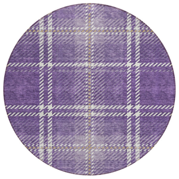 HomeRoots 5' Stylish Plaid Area Rug in Purple, Gold & Ivory - Durable, Washable for Indoor & Outdoor Use 8' Round 596359