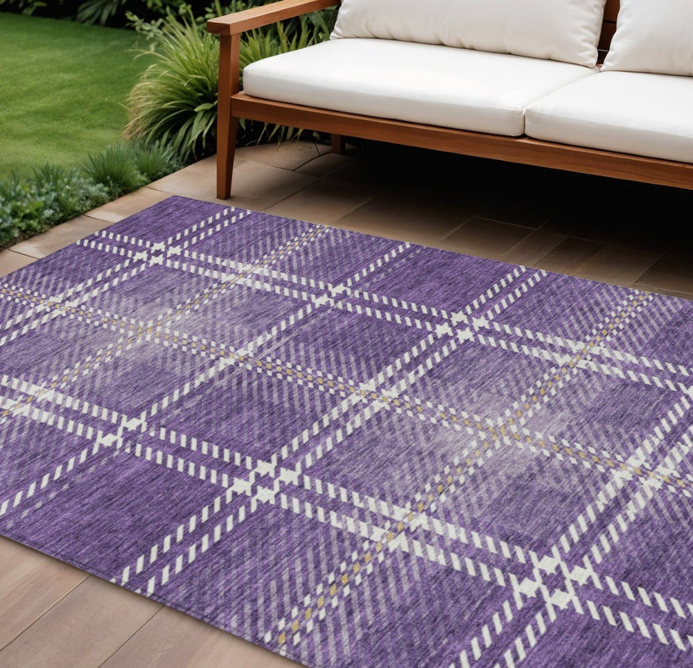 HomeRoots 9' X 12' Washable Indoor Outdoor Area Rug - Elegant Purple, Gold & Ivory Plaid for Versatile Use 596361