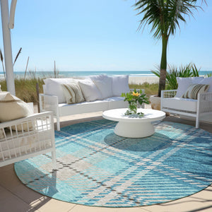 Homeroots 3' Stylish Artichoke Green Brown Ivory Plaid Washable Area Rug For Indoor Outdoor Spaces 8' Round Polyester 596365