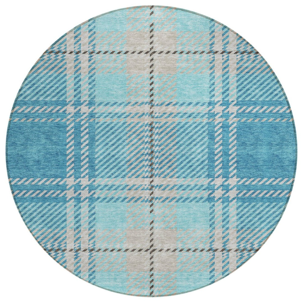HomeRoots 5' Durable Teal Blue Gray Brown Plaid Washable Area Rug for Indoor or Outdoor Spaces, Easy Care 8' Round 596365