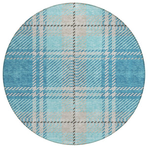 HomeRoots 5' Durable Teal Blue Gray Brown Plaid Washable Area Rug for Indoor or Outdoor Spaces, Easy Care 8' Round 596365