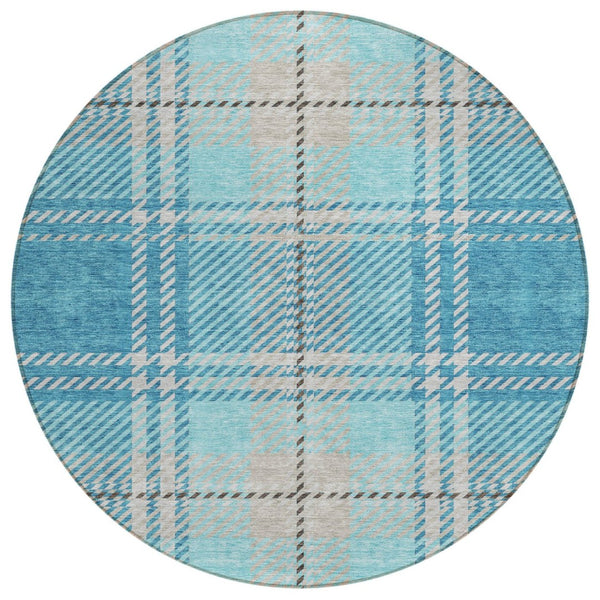 HomeRoots 5' Durable Teal Blue Gray Brown Plaid Washable Area Rug for Indoor or Outdoor Spaces, Easy Care 8' Round 596365