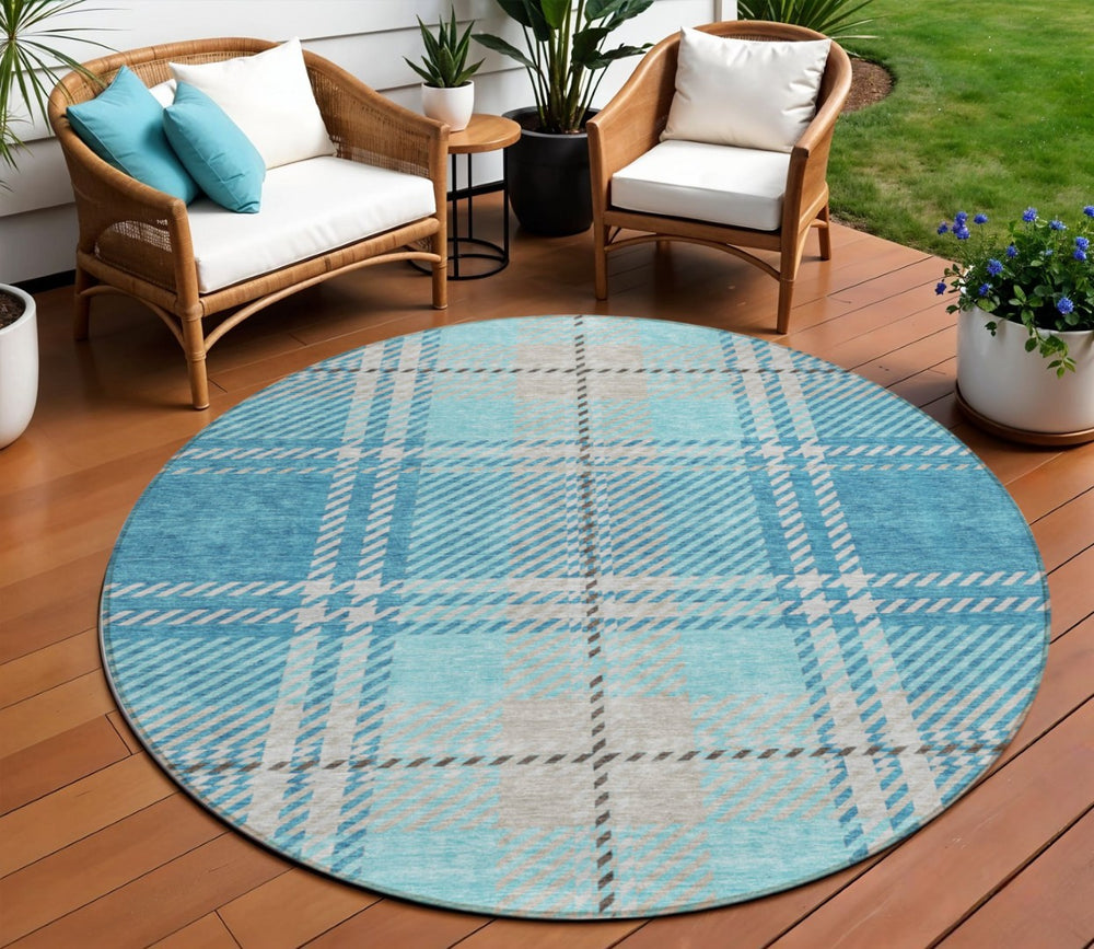 HomeRoots 5' Durable Teal Blue Gray Brown Plaid Washable Area Rug for Indoor or Outdoor Spaces, Easy Care 8' Round 596365