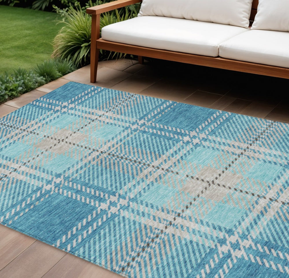 HomeRoots 9' X 12' Durable Teal Blue Gray Brown Plaid Washable Area Rug for Indoor and Outdoor Spaces 596367