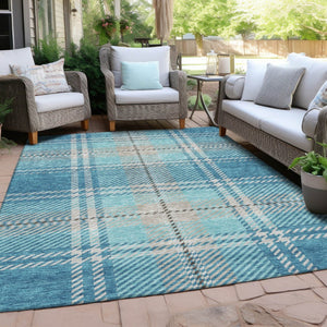 HomeRoots 9' X 12' Durable Teal Blue Gray Brown Plaid Washable Area Rug for Indoor and Outdoor Spaces 596367