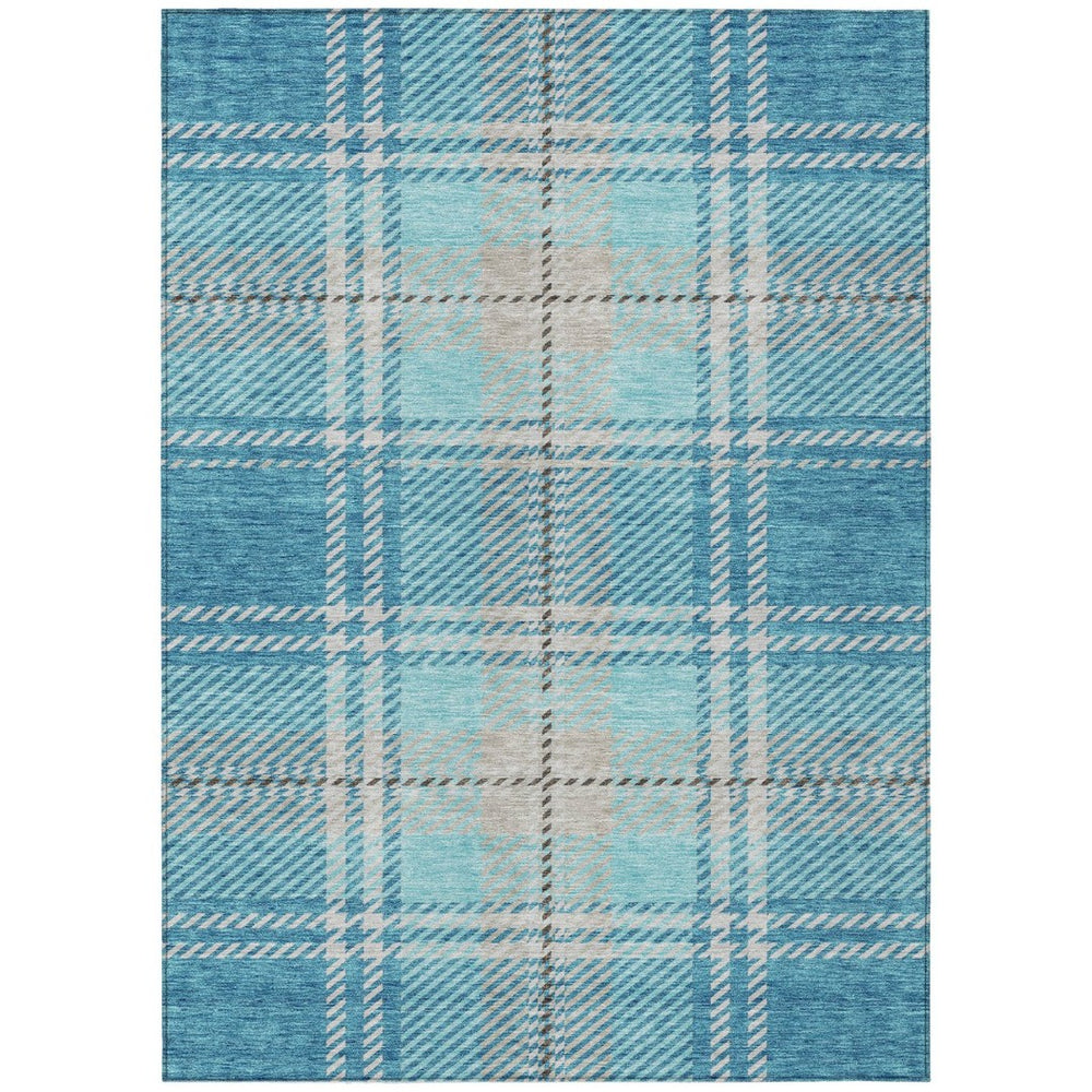HomeRoots 9' X 12' Durable Teal Blue Gray Brown Plaid Washable Area Rug for Indoor and Outdoor Spaces 596367