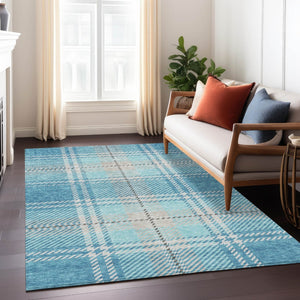 HomeRoots 9' X 12' Durable Teal Blue Gray Brown Plaid Washable Area Rug for Indoor and Outdoor Spaces 596367