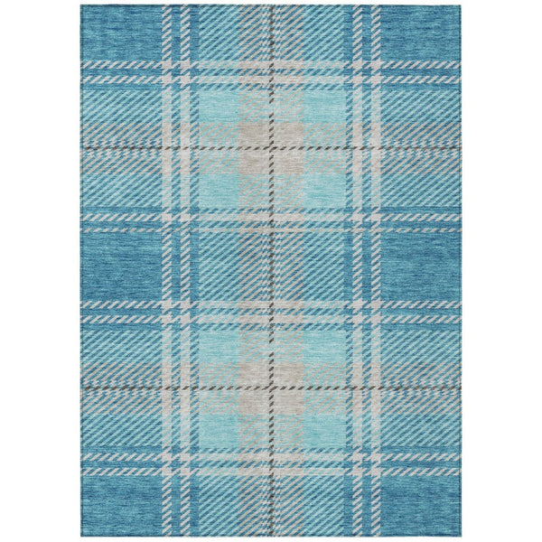HomeRoots 5' Durable Teal Blue Gray Brown Plaid Washable Area Rug for Indoor or Outdoor Spaces, Easy Care 10' X 14' 596368