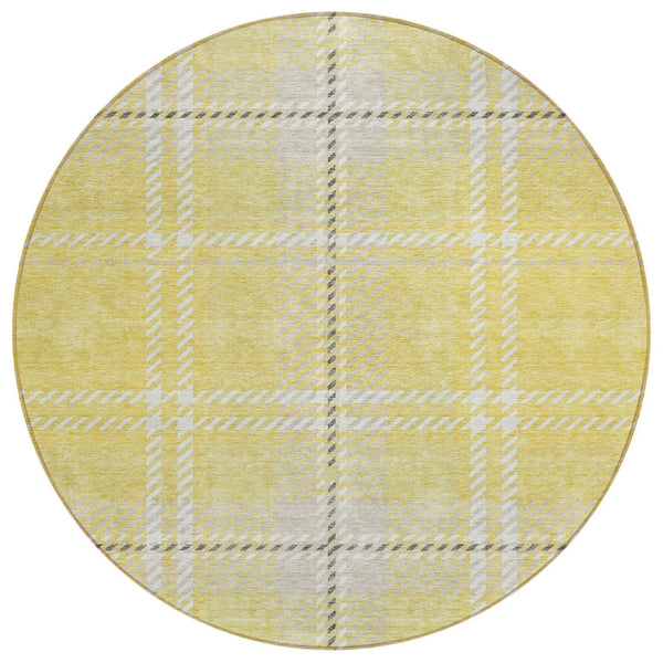 HomeRoots 5' Durable Yellow Black Ivory Plaid Washable Area Rug for Indoor and Outdoor Spaces, Easy Care 8' Round 596371