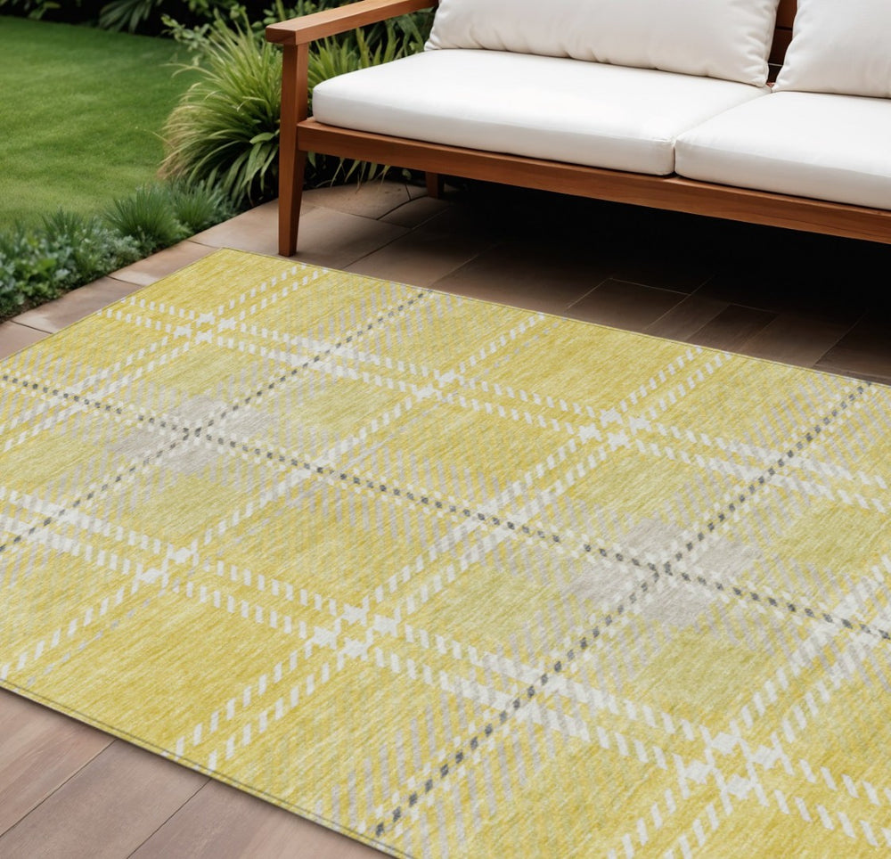 HomeRoots 9' Washable Yellow Black Ivory Plaid Area Rug - Durable Indoor/Outdoor Design for Every Space 596373