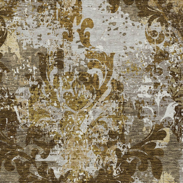 Homeroots 3' Elegant Brown Green Ivory Damask Washable Area Rug For Indoor And Outdoor Spaces - Durable Design 3' X 5' Polyester 596375