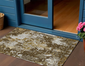 Homeroots 3' Elegant Brown Green Ivory Damask Washable Area Rug For Indoor And Outdoor Spaces - Durable Design 3' X 5' Polyester 596375