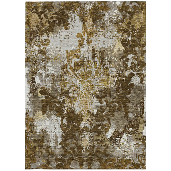 Homeroots 3' Elegant Brown Green Ivory Damask Washable Area Rug For Indoor And Outdoor Spaces - Durable Design 5' X 8' Polyester 596376