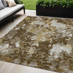 Homeroots 3' Elegant Brown Green Ivory Damask Washable Area Rug For Indoor And Outdoor Spaces - Durable Design 5' X 8' Polyester 596376