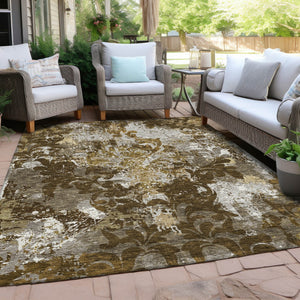 Homeroots 3' Elegant Brown Green Ivory Damask Washable Area Rug For Indoor And Outdoor Spaces - Durable Design 5' X 8' Polyester 596376