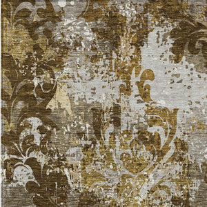 Homeroots 3' Elegant Brown Green Ivory Damask Washable Area Rug For Indoor And Outdoor Spaces - Durable Design 5' X 8' Polyester 596376