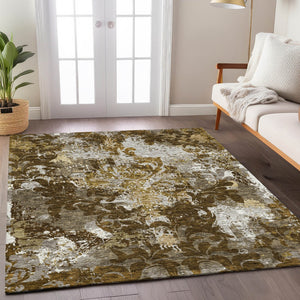 Homeroots 3' Elegant Brown Green Ivory Damask Washable Area Rug For Indoor And Outdoor Spaces - Durable Design 5' X 8' Polyester 596376
