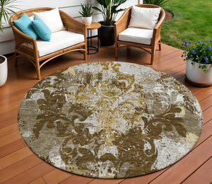 Homeroots 3' Elegant Brown Green Ivory Damask Washable Area Rug For Indoor And Outdoor Spaces - Durable Design 8' Round Polyester 596377