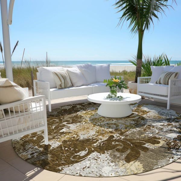 Homeroots 3' Elegant Brown Green Ivory Damask Washable Area Rug For Indoor And Outdoor Spaces - Durable Design 8' Round Polyester 596377