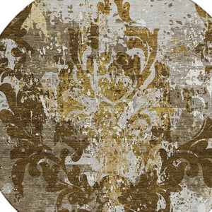 Homeroots 3' Elegant Brown Green Ivory Damask Washable Area Rug For Indoor And Outdoor Spaces - Durable Design 8' Round Polyester 596377