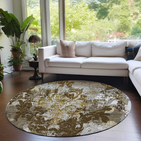 Homeroots 3' Elegant Brown Green Ivory Damask Washable Area Rug For Indoor And Outdoor Spaces - Durable Design 8' Round Polyester 596377