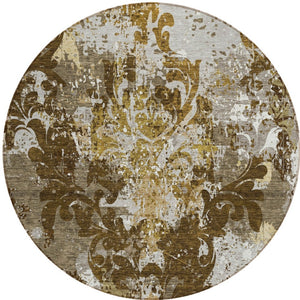 Homeroots 3' Elegant Brown Green Ivory Damask Washable Area Rug For Indoor And Outdoor Spaces - Durable Design 8' Round Polyester 596377