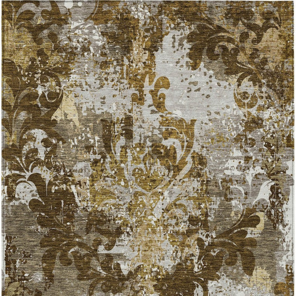 Homeroots 3' Elegant Brown Green Ivory Damask Washable Area Rug For Indoor And Outdoor Spaces - Durable Design 8' X 10' Polyester 596378