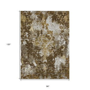 Homeroots 3' Elegant Brown Green Ivory Damask Washable Area Rug For Indoor And Outdoor Spaces - Durable Design 8' X 10' Polyester 596378