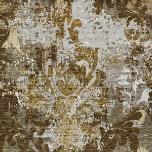 Homeroots 3' Elegant Brown Green Ivory Damask Washable Area Rug For Indoor And Outdoor Spaces - Durable Design 8' X 10' Polyester 596378