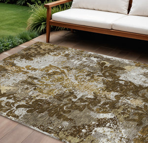 Homeroots 3' Elegant Brown Green Ivory Damask Washable Area Rug For Indoor And Outdoor Spaces - Durable Design 9' X 12' Polyester 596379