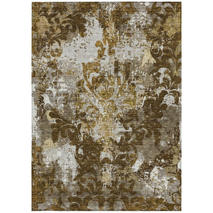 Homeroots 3' Elegant Brown Green Ivory Damask Washable Area Rug For Indoor And Outdoor Spaces - Durable Design 9' X 12' Polyester 596379