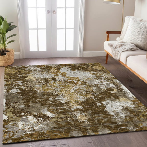 Homeroots 3' Elegant Brown Green Ivory Damask Washable Area Rug For Indoor And Outdoor Spaces - Durable Design 9' X 12' Polyester 596379