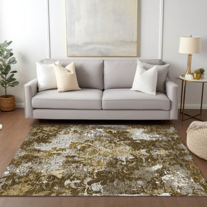 Homeroots 3' Elegant Brown Green Ivory Damask Washable Area Rug For Indoor And Outdoor Spaces - Durable Design 9' X 12' Polyester 596379