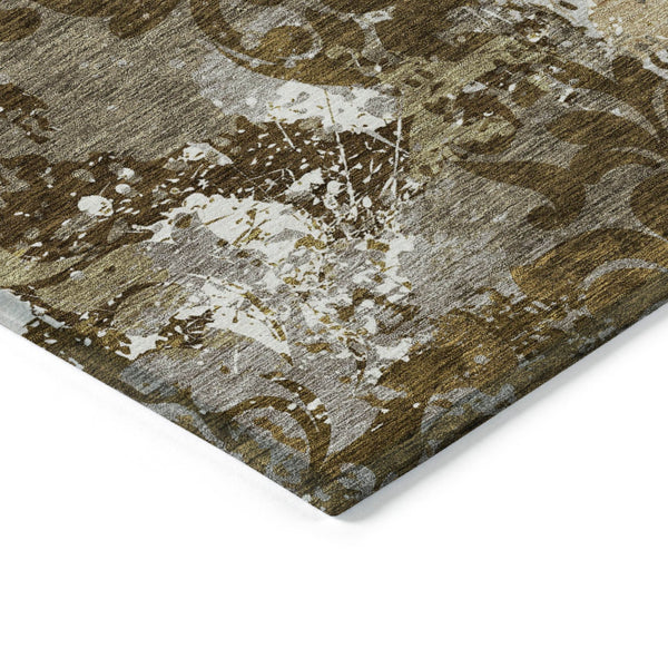 Homeroots 3' Elegant Brown Green Ivory Damask Washable Area Rug For Indoor And Outdoor Spaces - Durable Design 10' X 14' Polyester 596380