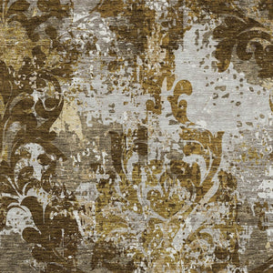 Homeroots 3' Elegant Brown Green Ivory Damask Washable Area Rug For Indoor And Outdoor Spaces - Durable Design 10' X 14' Polyester 596380