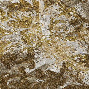 Homeroots 3' Elegant Brown Green Ivory Damask Washable Area Rug For Indoor And Outdoor Spaces - Durable Design 10' X 14' Polyester 596380