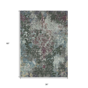 Homeroots 3' Elegant Brown Green Ivory Damask Washable Area Rug For Indoor And Outdoor Spaces - Durable Design 3' X 5' Polyester 596381