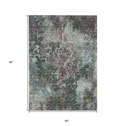 Homeroots 3' Elegant Brown Green Ivory Damask Washable Area Rug For Indoor And Outdoor Spaces - Durable Design 5' X 8' Polyester 596382