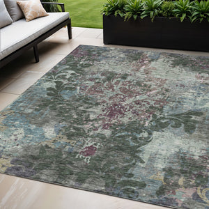 Homeroots 3' Elegant Brown Green Ivory Damask Washable Area Rug For Indoor And Outdoor Spaces - Durable Design 5' X 8' Polyester 596382