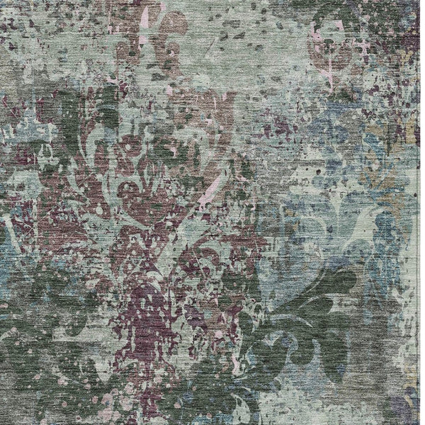 Homeroots 3' Elegant Brown Green Ivory Damask Washable Area Rug For Indoor And Outdoor Spaces - Durable Design 5' X 8' Polyester 596382