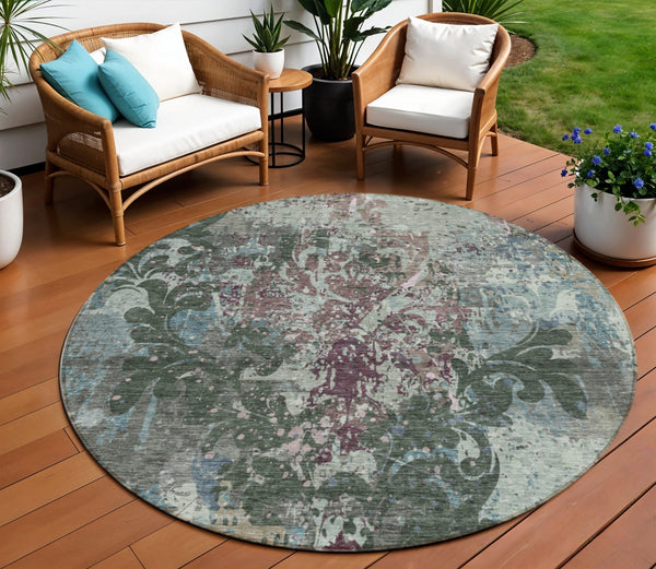 Homeroots 3' Elegant Brown Green Ivory Damask Washable Area Rug For Indoor And Outdoor Spaces - Durable Design 8' Round Polyester 596383